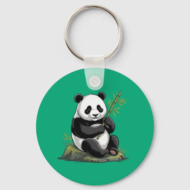 Trendy Cute Panda Bear With Greenery Bamboo  Keychain (Front)