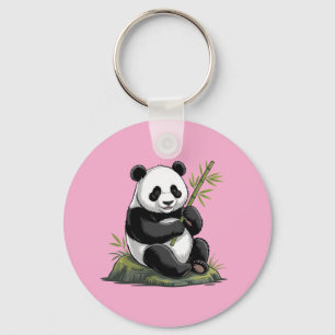 Trendy Cute Panda Bear With Greenery Bamboo Pink Keychain