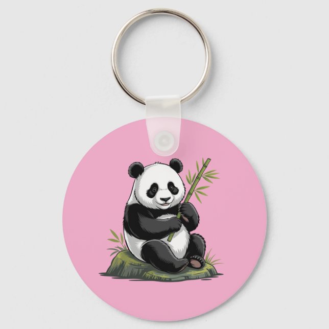 Trendy Cute Panda Bear With Greenery Bamboo Pink Keychain (Front)