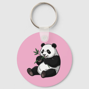Trendy Cute Panda Bear With Greenery Bamboo Pink Keychain