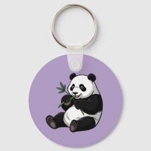 Trendy Cute Panda Bear With Greenery Bamboo Purple Keychain