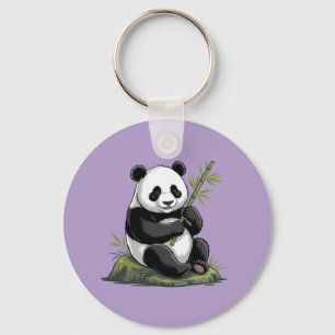Trendy Cute Panda Bear With Greenery Bamboo Purple Keychain