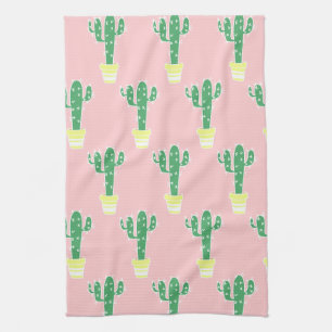 Trendy Cute Potted Cactus & Pink Kitchen Towel