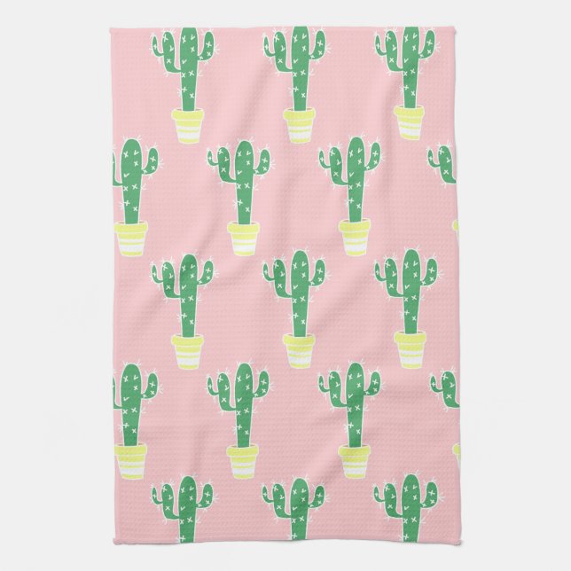 Trendy Cute Potted Cactus & Pink Kitchen Towel (Vertical)