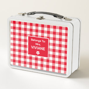 Trendy Cute Red White Checkered Pattern Custom Metal Lunch Box