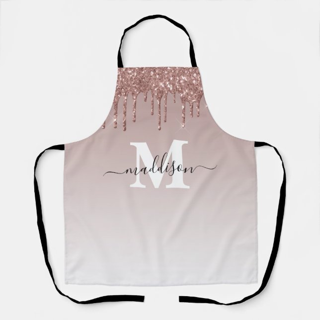Trendy Cute Rose Gold Dripping Glitter Monogram Apron (Front)