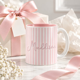 Trendy Cute Striped Pink Aesthetic Custom Name  Two-Tone Coffee Mug