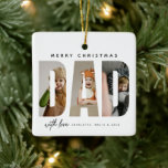 Trendy DAD Custom Photo Collage Ceramic Ornament<br><div class="desc">Capture unforgettable moments and transform them into a lasting memory with this custom-made Christmas gift for dad. Crafted with care, this stylish, modern Christmas ornament transforms your favourite family photos into a stunning collage, spelling out 'DAD' in bold sans serif typography. Add a personal touch with the names of your...</div>