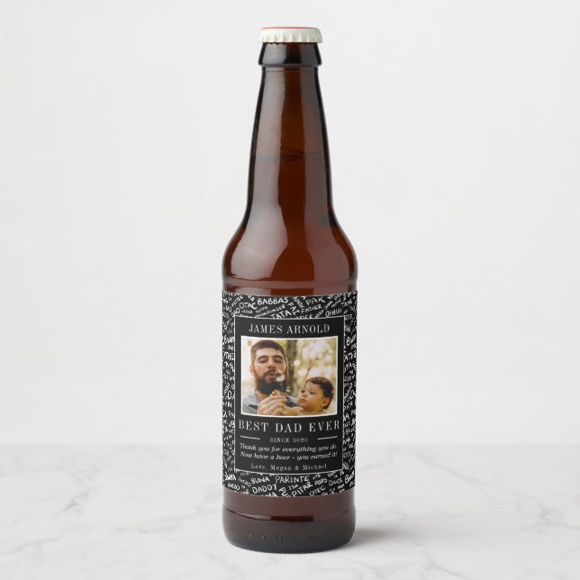 Trendy Dad in Many Languages Photo Father's Day Beer Bottle Label (Front)