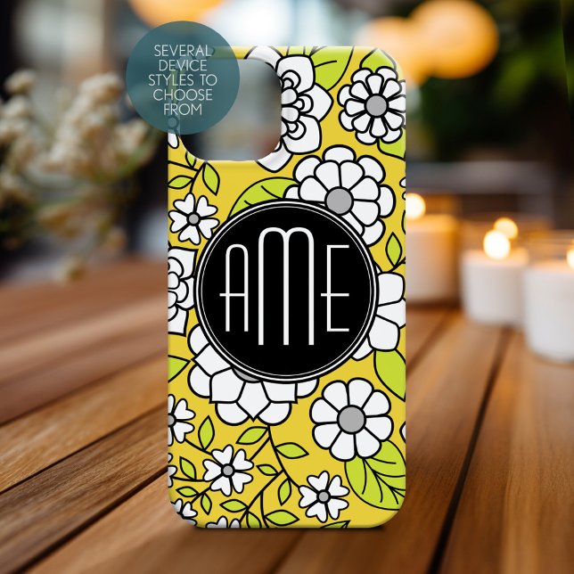Trendy Daisy Floral Illustration - grey and yellow Case-Mate iPhone Case (Personalized Phone Case with Monogram)