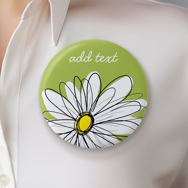 Trendy Daisy Floral Illustration - lime and yellow 2 Inch Round Button (Personalized Button - Add Your Name)