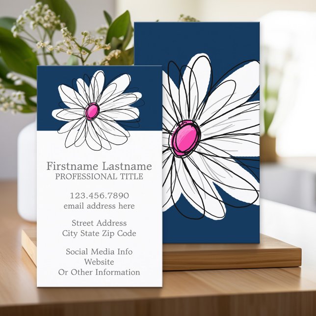 Trendy Daisy Floral Illustration - navy and pink Business Card (Custom Printed Business Card)