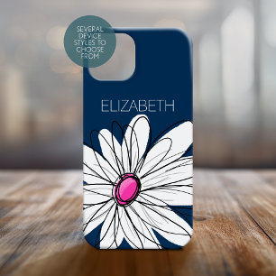 Trendy Daisy Floral Illustration - navy and pink iPhone 15 Case
