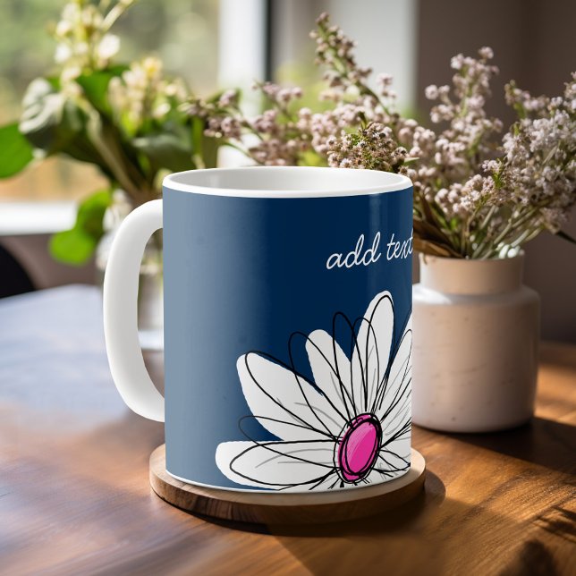 Trendy Daisy Floral Illustration - navy and pink Coffee Mug (Personalized Mug)