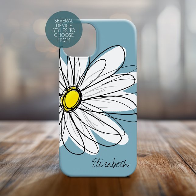 Trendy Daisy Floral Illustration Script name Case-Mate iPhone Case (Personalized phone case with a whimsical daisy and custom name)
