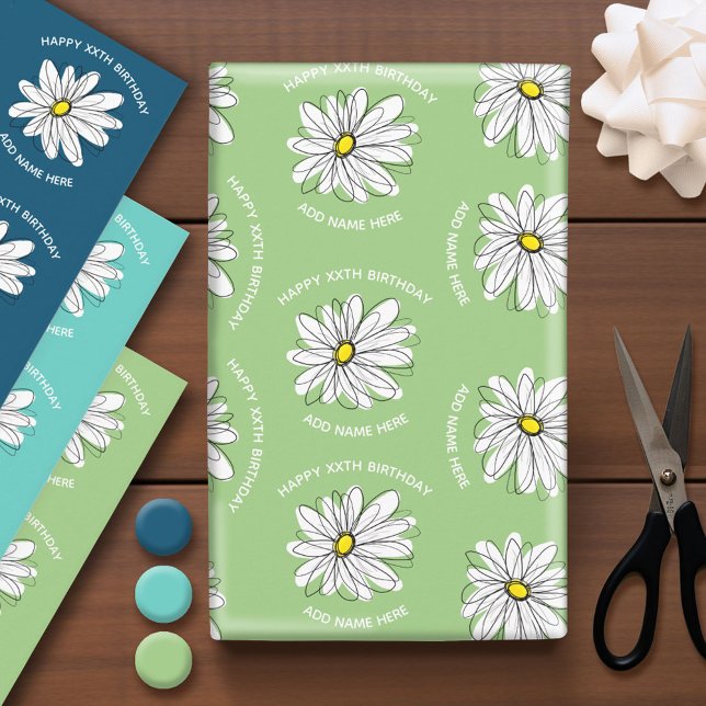 Trendy Daisy Happy Birthday Colourful Flower Wrapping Paper Sheet (Custom Wrapping Paper)
