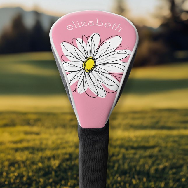 Trendy Daisy with gray and yellow pink Golf Head Cover (Personalized Golf Head Cover)