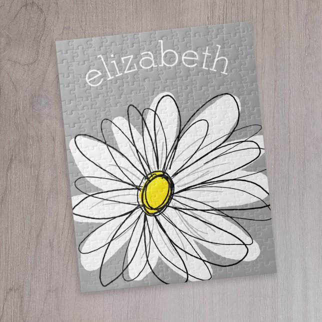 Trendy Daisy with grey and yellow Jigsaw Puzzle (Cute whimsical daisy personalized puzzle)