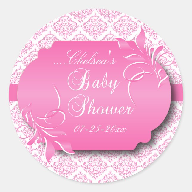 Trendy Damask and Pink for a Baby Shower Classic Round Sticker (Front)