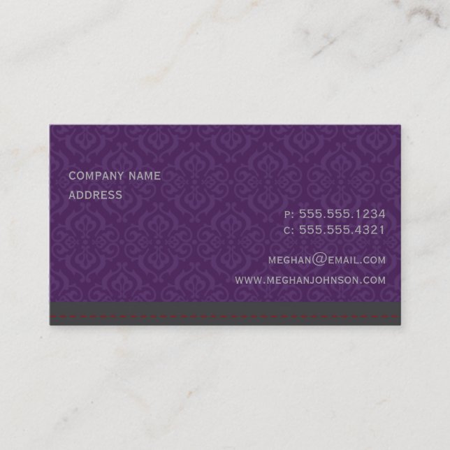 Trendy Damask Plum Business Card Template (Front)