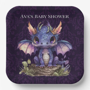Trendy Damask Purple Dragon Girl Boy Baby Shower Paper Plate