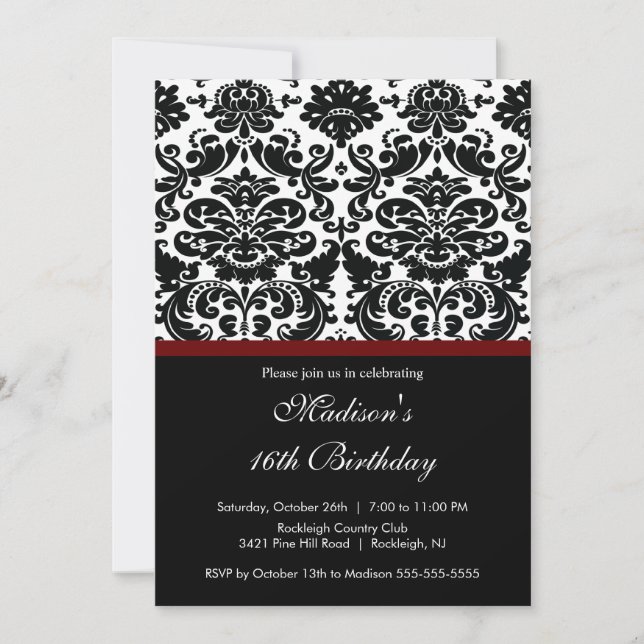 Trendy Damask Sweet Sixteen Birthday Invitation (Front)
