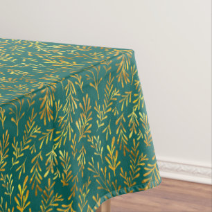 Trendy Dark Green Gold Leaf Fall Autumn Pattern Tablecloth