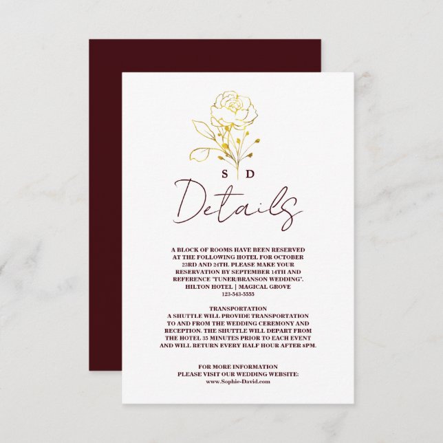 Trendy Deep Burgundy Gold Monogram Wedding Details Enclosure Card (Front/Back)