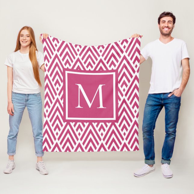 Trendy Deep Pink Monogram Arrow Diamond Pattern Fleece Blanket (In Situ)