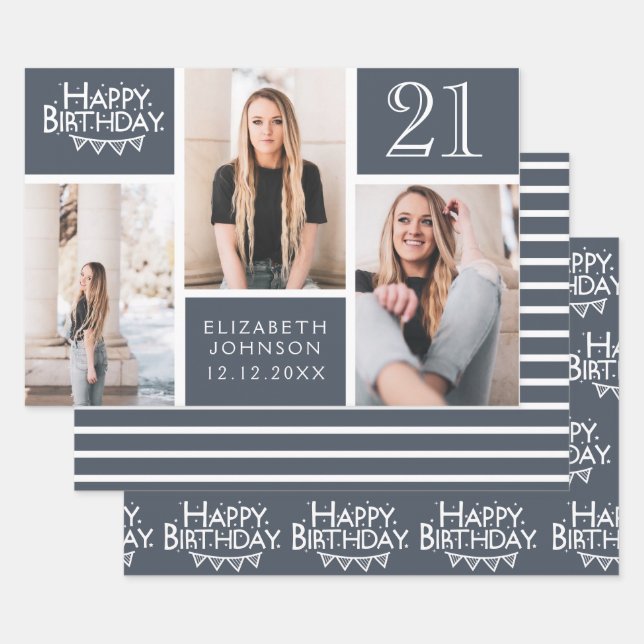 Trendy Denim Blue Photo Collage 21st Birthday  Wrapping Paper Sheet (Set)
