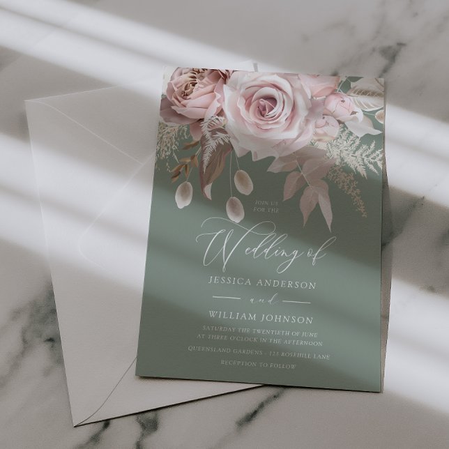 Trendy Designer Blush & Sage Wedding Invitation (Creator Uploaded)