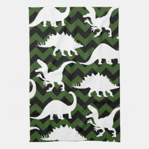 Trendy Dinosaur Silhouettes & Green Chevrons Kitchen Towel