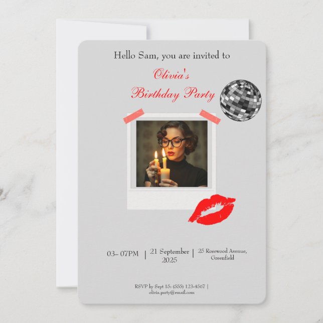 Trendy Disco Polaroid Frame with Red Lips birthday Invitation (Front)