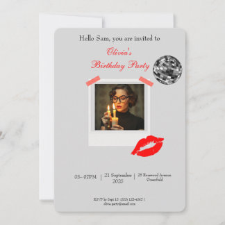 Trendy Disco Polaroid Frame with Red Lips birthday Invitation