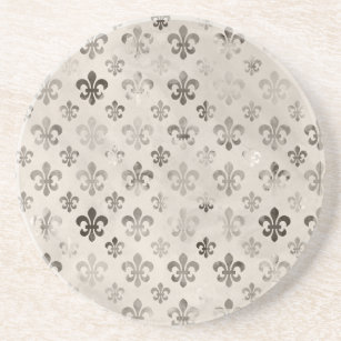 Trendy Distressed Silver Grey Fleur De Lis Pattern Coaster