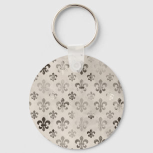 Trendy Distressed Silver Grey Fleur De Lis Pattern Keychain
