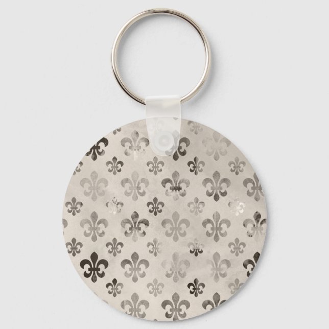 Trendy Distressed Silver Grey Fleur De Lis Pattern Keychain (Front)