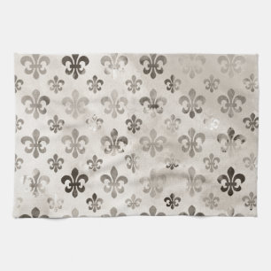 Trendy Distressed Silver Grey Fleur De Lis Pattern Kitchen Towel