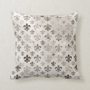 Trendy Distressed Silver Grey Fleur De Lis Pattern Throw Pillow