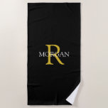 Trendy DIY Monogram & Name, Gold/White Text, Black Beach Towel<br><div class="desc">Personalize with your monogram and name in gold and white text on a black background. This stylish and trendy classic design makes a great gift for him or her.</div>