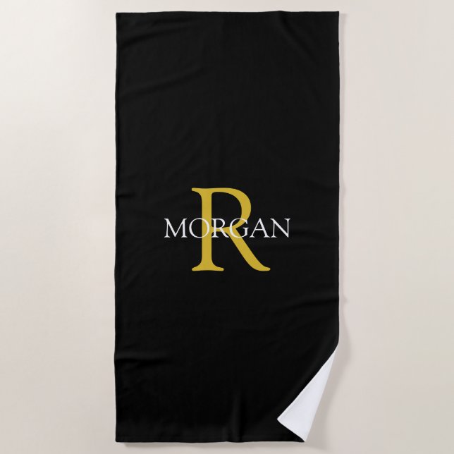 Trendy DIY Monogram & Name, Gold/White Text, Black Beach Towel (Front)