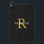 Trendy DIY Monogram & Name, Gold/White Text, Black Golf Towel<br><div class="desc">Personalize with your monogram and name in gold and white text on a black background. This stylish and trendy classic design makes a great gift for him or her.</div>