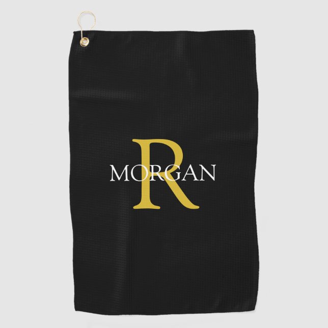 Trendy DIY Monogram & Name, Gold/White Text, Black Golf Towel (Front)