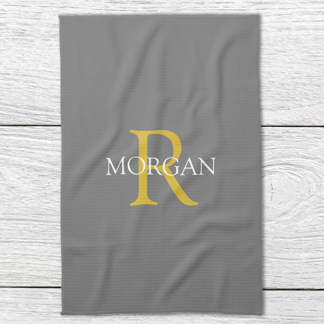 Trendy DIY Monogram & Name, Gold/White Text, Grey Kitchen Towel (Creator Uploaded)