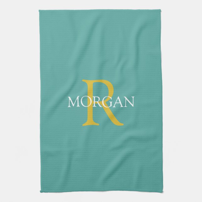 Trendy DIY Monogram & Name, Gold/White Text, Teal Kitchen Towel (Vertical)