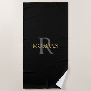 Trendy DIY Monogram & Name, Grey/Gold Text, Black Beach Towel