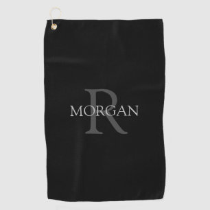 Trendy DIY Monogram & Name, Grey Text, Black Golf Towel