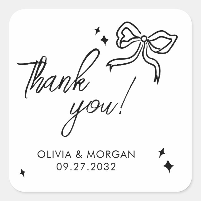 Trendy Doodle Ribbon Wedding Thank You Favour Square Sticker (Front)