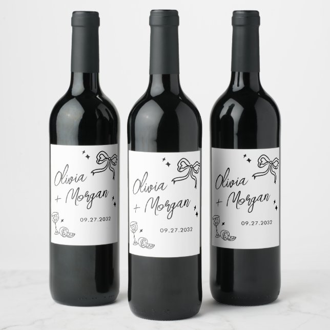 Trendy Doodle Script Ribbon Wedding Wine Label (Bottles)