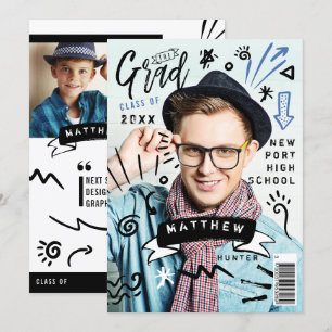 Trendy Doodle Sketch Magazine Cover Boy Grad Party Invitation